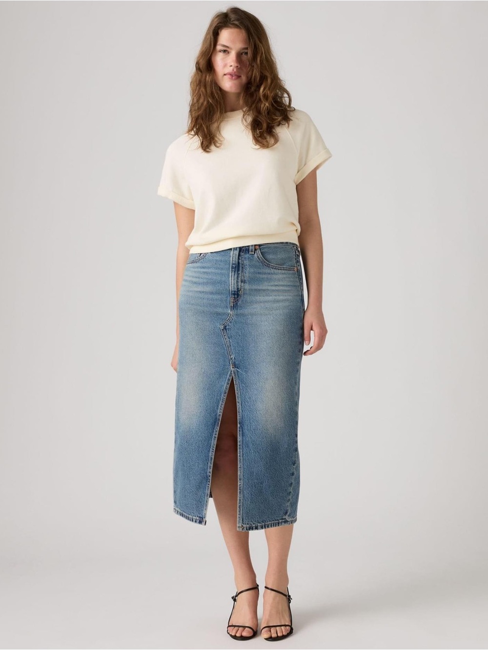 LEVI’S Classic Blue Denim Midi Skirt with Front Slit